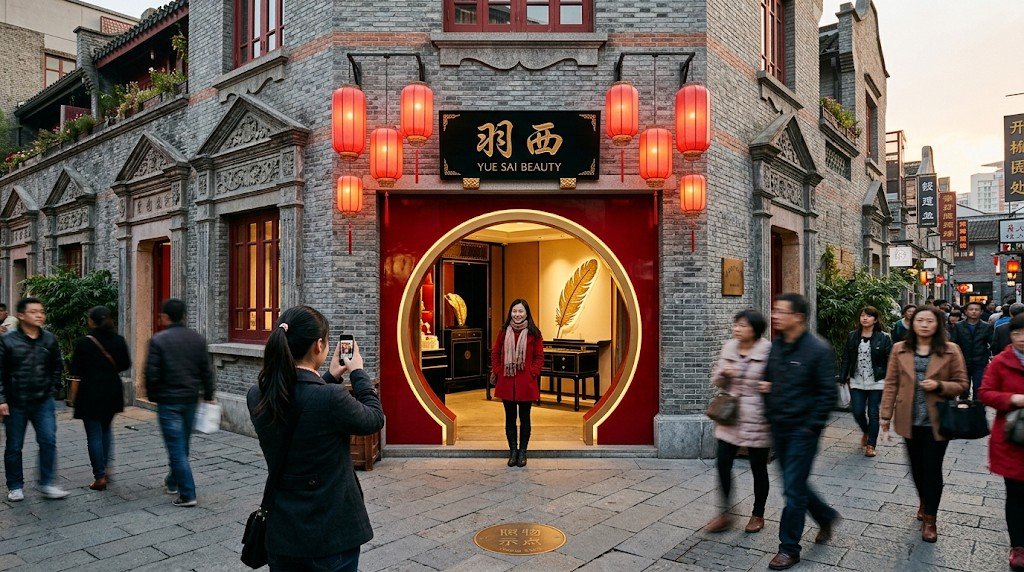 La façade de la Maison du 元气 à Xintiandi, porte de lune et lanternes